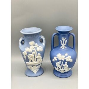 Vtg Blue Jasperware Wedgwood Style Vases Pair Decorative Collectible Porcelain